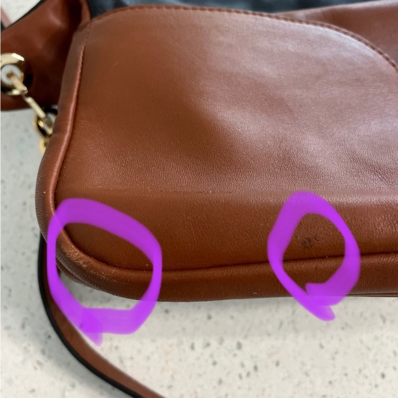 Pour La Victoire Brown & Black Leather Shoulder Bag Crossbody Gold Chain Strap - Picture 14 of 14